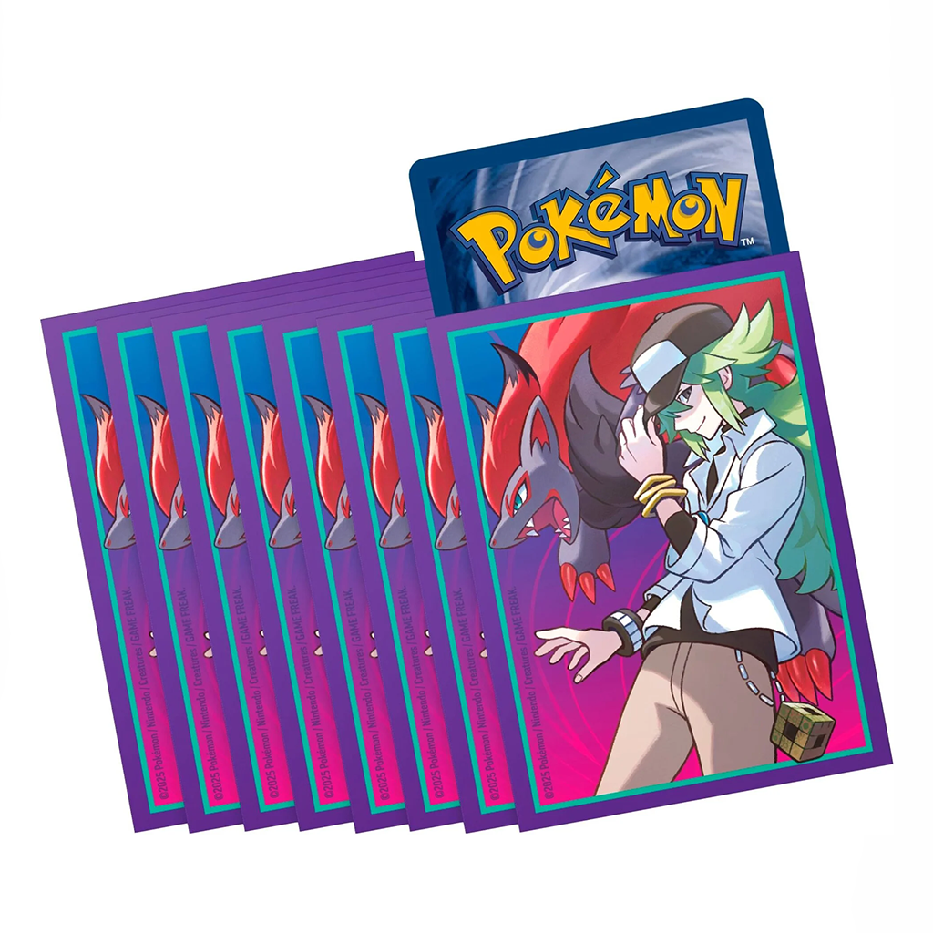 Zehn Kartenschutzhüllen mit Motiv von N und Hisuian Zoroark in lila-türkisfarbenem Design, aus der Pokémon TCG „Journey Together“ Elite Trainer Box.