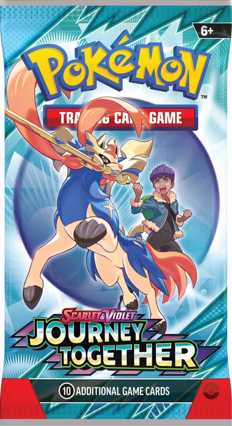 Pokémon TCG „Scarlet & Violet – Journey Together“ Boosterpack mit Artwork von Zacian und Hop.