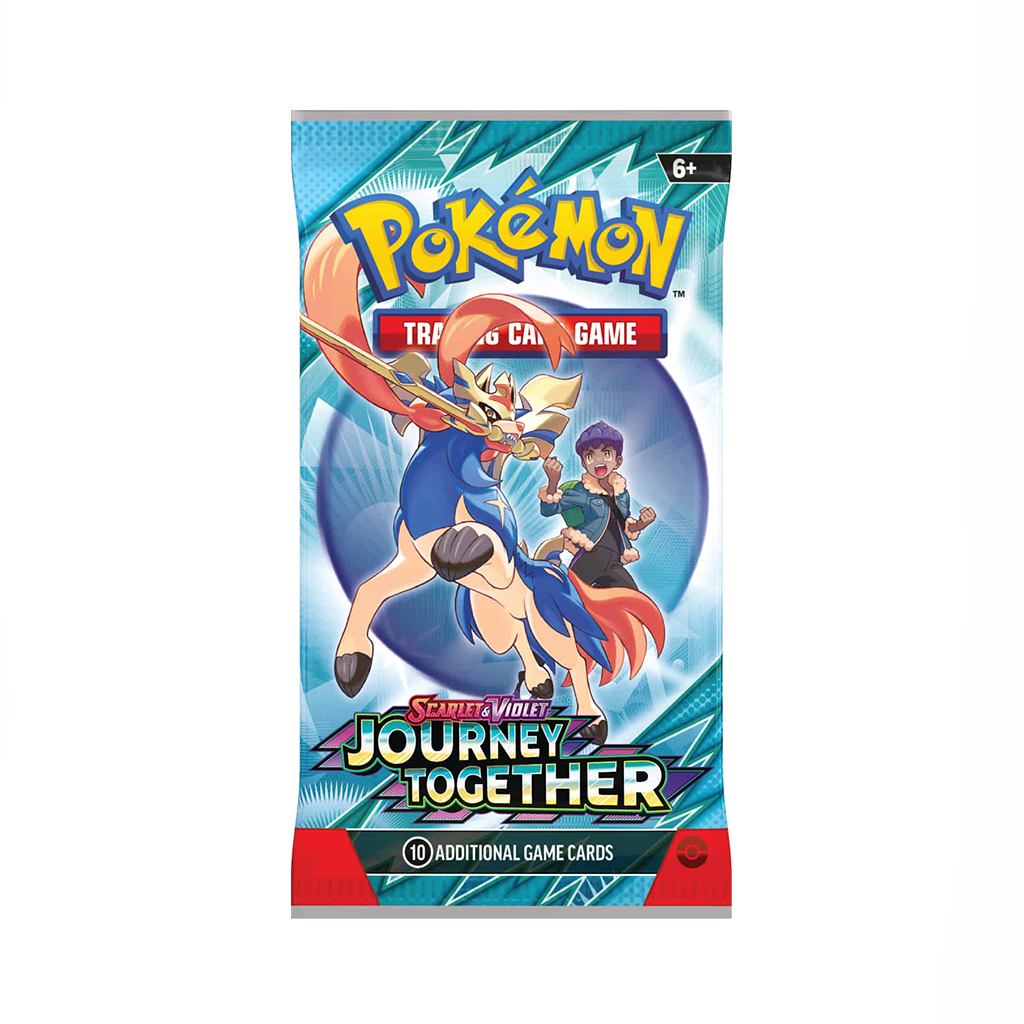 Pokémon TCG „Scarlet & Violet – Journey Together“ Boosterpack mit Artwork von Zacian und Hop.