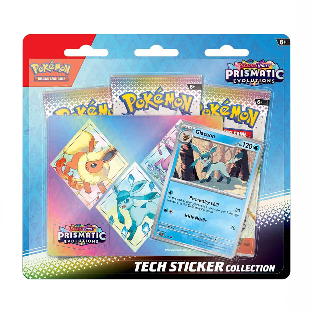 Tech Sticker Collection aus der Pokémon TCG „Prismatic Evolutions“-Reihe mit einer Glaceon-Promokarte, Stickern von Flareon und Glaceon sowie zwei Boosterpacks im Blister-Design.