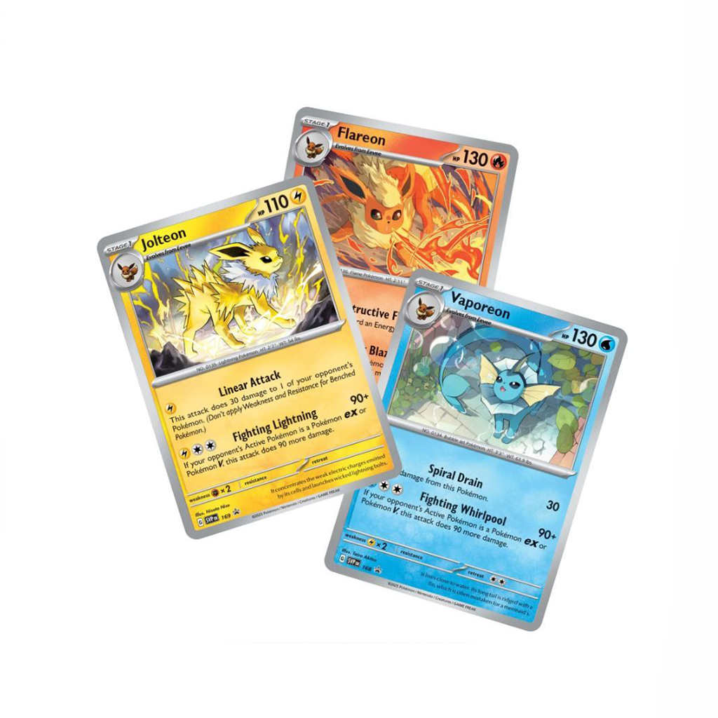 Drei Pokémon-Sammelkarten nebeneinander dargestellt: Jolteon, Flareon und Vaporeon, jeweils mit ihren Fähigkeiten und Werten, Teil der „Scarlet & Violet – Prismatic Evolutions“-Serie.