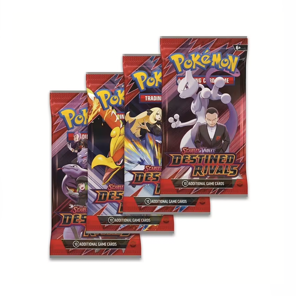 Vier Booster-Packs aus „Destined Rivals“ nebeneinander. Links Team Rocket mit Arbok, danach Cynthia mit Lucario, drittens ein Motiv mit Infernape und zuletzt Giovanni mit Mewtu. Alle Designs zeigen ikonische Rivalen-Pokémon in actionreichen Posen.