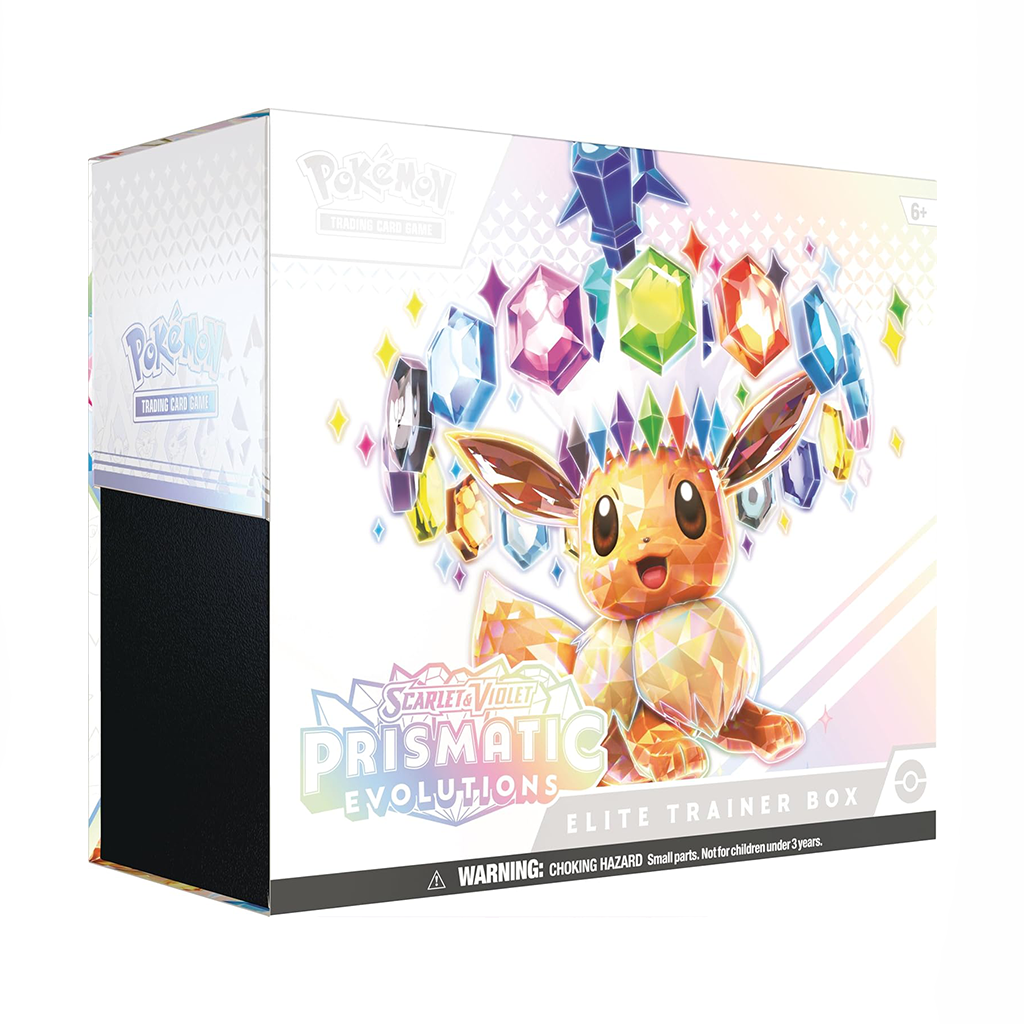 Vorderseite der Elite Trainer Box von Pokémon Prismatic Evolutions mit kristallinem Eevee und bunten Edelsteinen auf weissem Hintergrund.