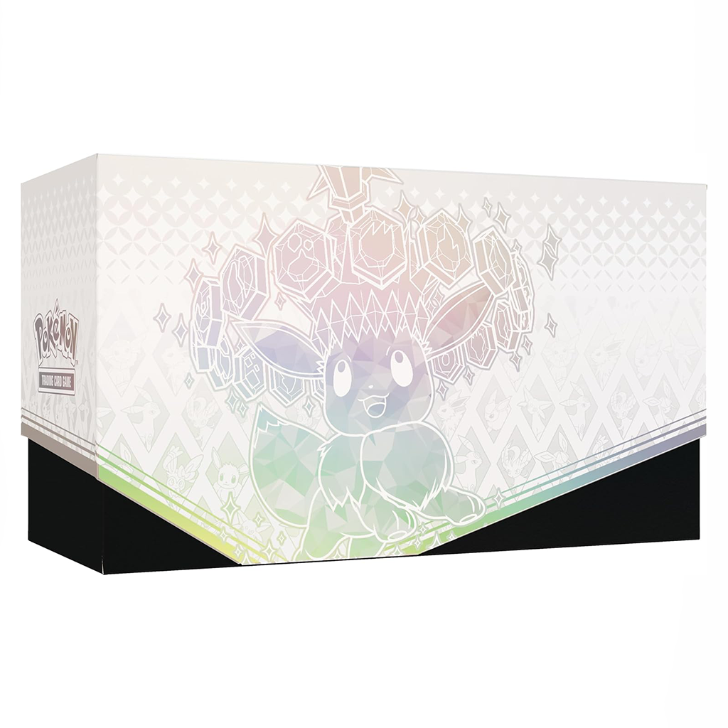 Rückseite der Prismatic Evolutions Elite Trainer Box mit minimalistischer Illustration von Eevee in Pastellfarben und Mustern mit Silhouetten der Evolutions.