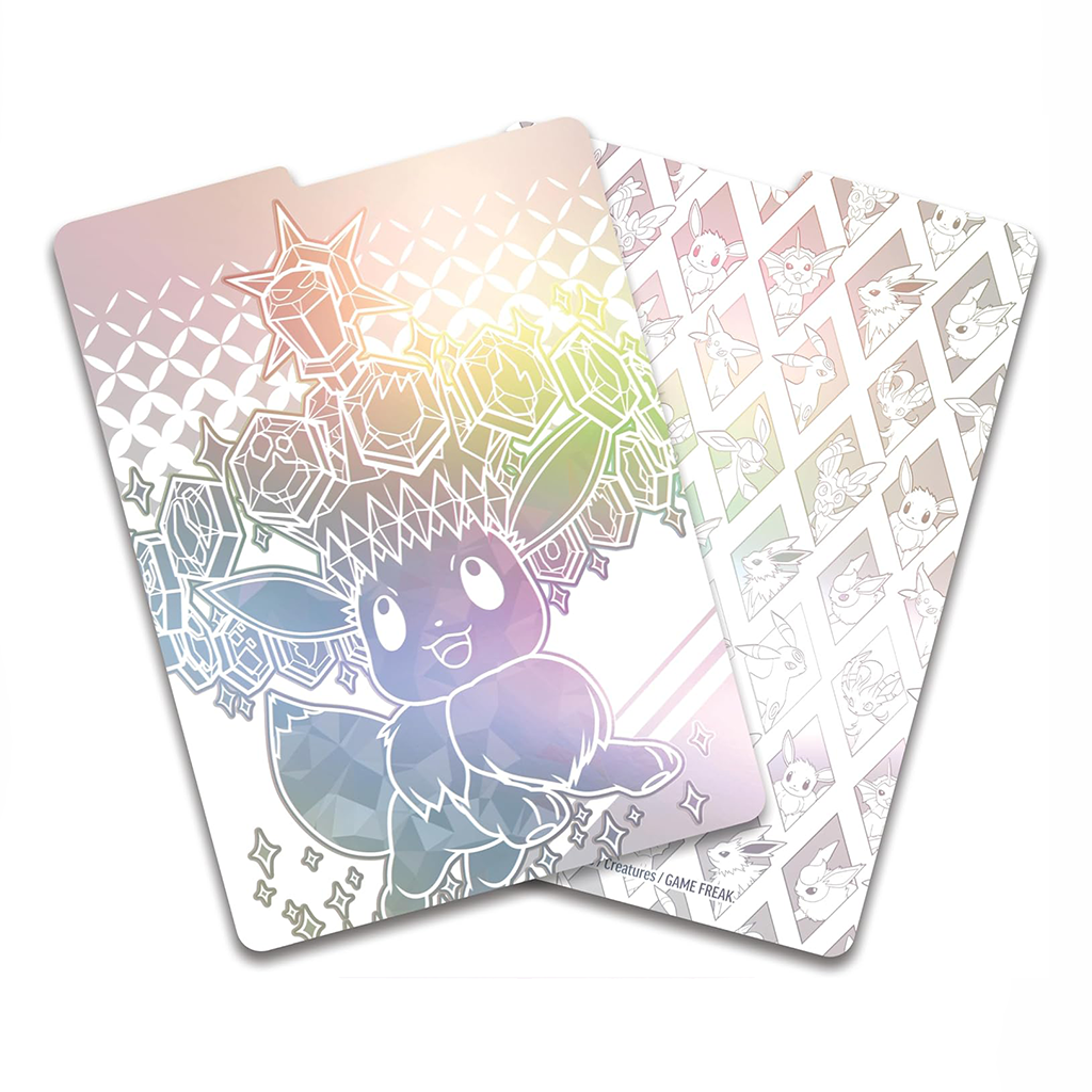 Zwei Pokémon Prismatic Evolutions Portfoliobinder im holografischen Design mit Terakristall-Eevee auf weißem Hintergrund mit geometrischem Muster.