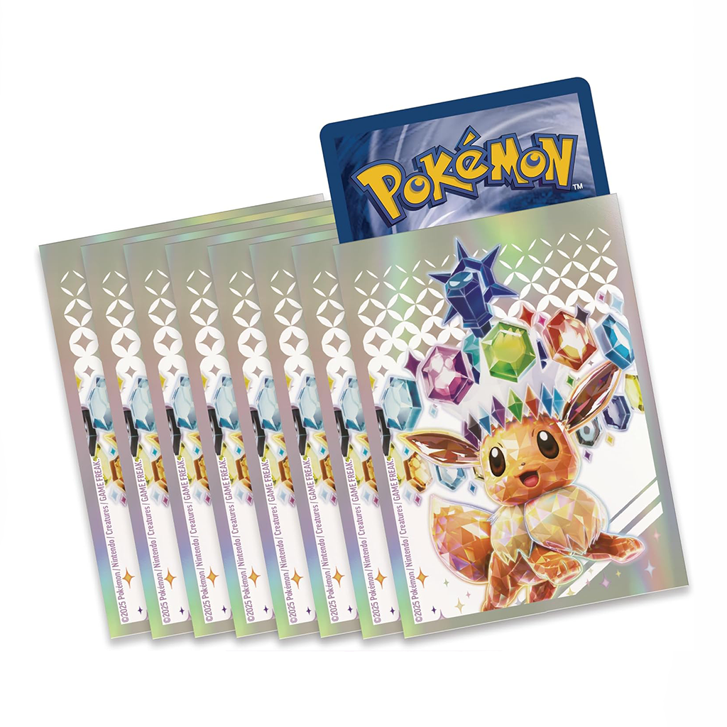 Set von Pokémon Kartenhüllen mit Prismatic Evolutions Design, zeigt Terakristall-Eevee mit bunten Edelsteinen auf glänzendem Hintergrund.