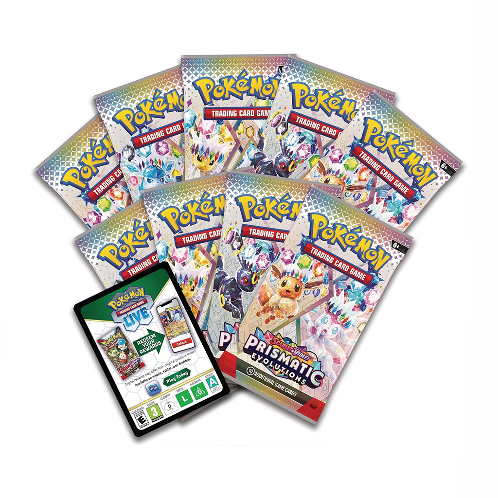 Neun Boosterpacks der Pokémon Prismatic Evolutions Serie mit glänzenden Artworks und einer Codekarte für Pokémon TCG Live.