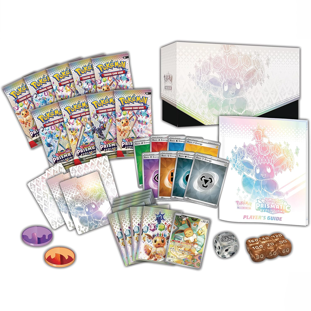 Inhalt der Pokémon TCG „Scarlet & Violet – Prismatic Evolutions“ Elite Trainer Box, darunter 9 Boosterpacks, holografische Promokarten, Energiekarten, Kartenschutzhüllen mit Eevee-Motiv, Schadensmarken, Würfel, Spielanleitung und eine dekorative Aufbewahrungsbox.