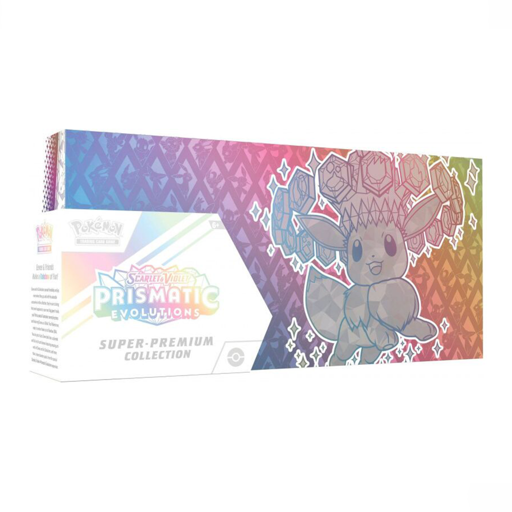 Weiße, längliche Pokémon-Box mit pastellfarbenen Kristallmustern und Evoli-Illustration. Aufschrift: „Scarlet & Violet – Prismatic Evolutions – Super Premium Collection“.