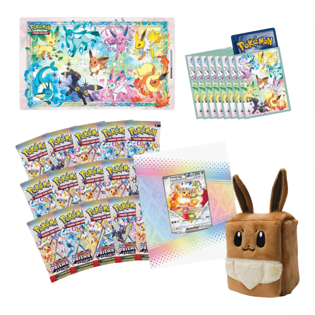 Inhalt der „Prismatic Evolutions – Super Premium Collection“ mit 11 Boosterpacks, Eevee-Spielmatte, Kartenhüllen, Promokarte, Aufbewahrungsbox und Eevee-Würfelplüsch.