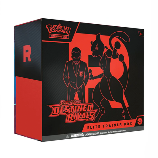 Schwarze Elite Trainer Box mit kräftigen roten Elementen aus der „Destined Rivals“-Reihe. Auf der Vorderseite sind stilisierte Linienzeichnungen von Giovanni und Mewtu vor einem riesigen roten R abgebildet. Unten befindet sich ein Warnhinweis zur Erstickungsgefahr für Kleinkinder.