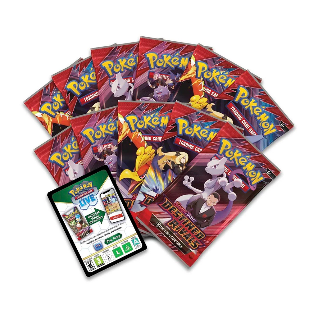 Zehn Booster-Packs aus der „Scarlet & Violet – Destined Rivals“-Serie sind in einem Fächer angeordnet. Abgebildet sind Giovanni mit Mewtu, Cynthia mit Lucario und weitere Rivalen. Vorne liegt eine Codekarte für das Pokémon TCG Live-Spiel.